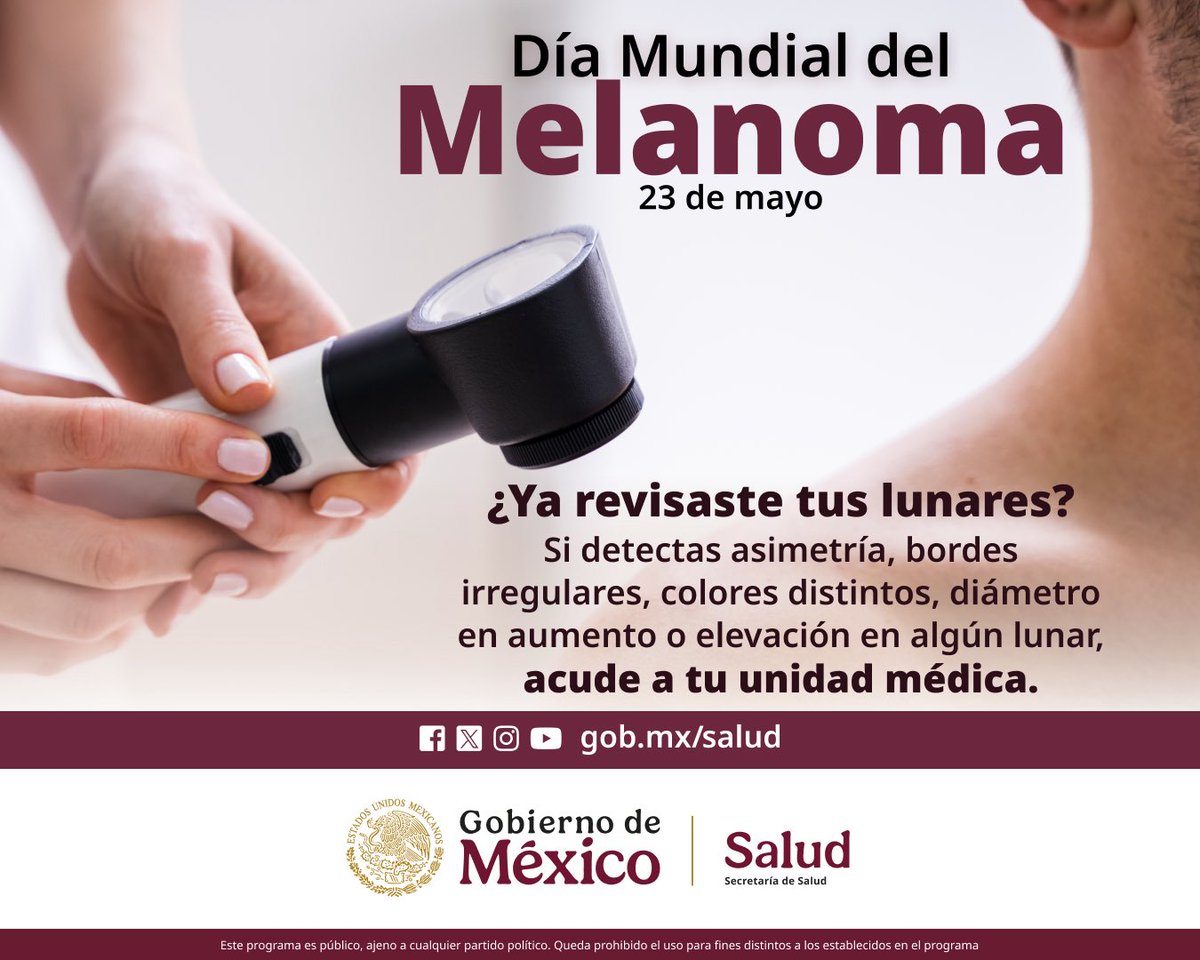 23 de mayo | #DíaMundialDelMelanoma 🩺

El melanoma es un tipo de cáncer de piel que se puede prevenir tomando pequeñas acciones cada día todos los días:

•Usa protector solar (incluso si está nublado). 🧴
•Evita exponerte al sol por periodos prolongados.☀️
•Usa ropa que cubra