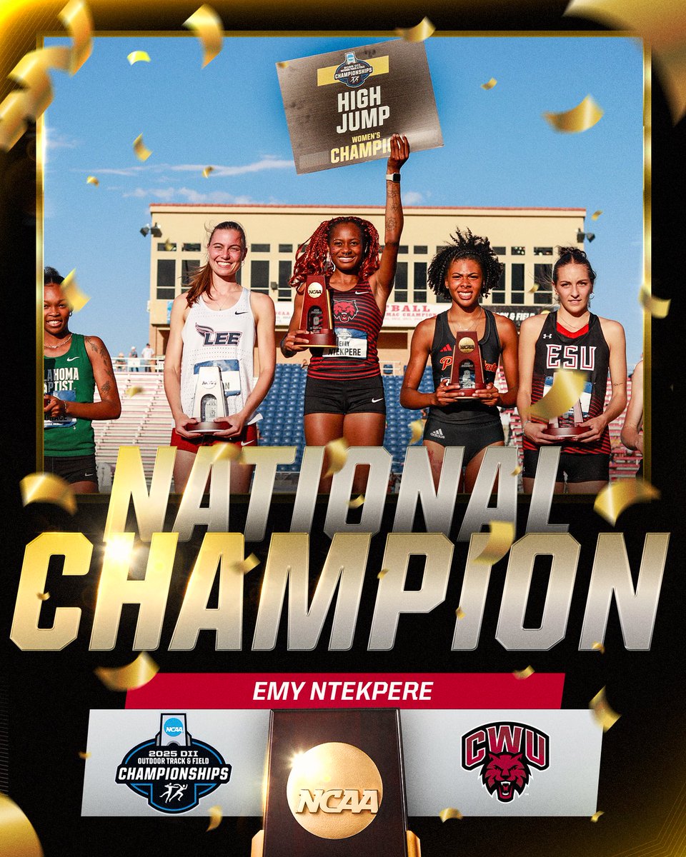 NCAA Division II (@ncaadii) on Twitter photo High flyin Wildcat 🔥
Emy Ntekpere of <a href="/CWUTFXC/">CWU Track & Field + XC</a> jumps a personal best of 1.82 and claims the DII Outdoor High Jump National Championship!
#D2WOTF | #MakeItYours High flyin Wildcat 🔥
Emy Ntekpere of <a href="/CWUTFXC/">CWU Track & Field + XC</a> jumps a personal best of 1.82 and claims the DII Outdoor High Jump National Championship!
#D2WOTF | #MakeItYours