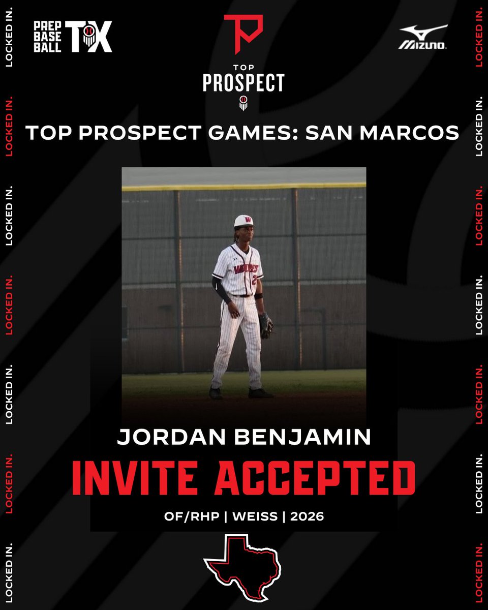 Prep Baseball Texas (@prepbaseball_tx) on Twitter photo #TXTPG25: 𝗜𝗡𝗩𝗜𝗧𝗘 𝗔𝗖𝗖𝗘𝗣𝗧𝗘𝗗 🎟️
‘26 Jordan Benjamin (<a href="/JordanBnjmn193/">Jordan Benjamin</a> | <a href="/Weiss_Baseball/">Weiss Wolves Baseball</a>) is headed to the 𝐓𝐨𝐩 𝐏𝐫𝐨𝐬𝐩𝐞𝐜𝐭 𝐆𝐚𝐦𝐞𝐬: San Marcos at Texas State on June 17.
This showcase + gameplay event will feature some of the best players in the area.
More #TXTPG25: 𝗜𝗡𝗩𝗜𝗧𝗘 𝗔𝗖𝗖𝗘𝗣𝗧𝗘𝗗 🎟️
‘26 Jordan Benjamin (<a href="/JordanBnjmn193/">Jordan Benjamin</a> | <a href="/Weiss_Baseball/">Weiss Wolves Baseball</a>) is headed to the 𝐓𝐨𝐩 𝐏𝐫𝐨𝐬𝐩𝐞𝐜𝐭 𝐆𝐚𝐦𝐞𝐬: San Marcos at Texas State on June 17.
This showcase + gameplay event will feature some of the best players in the area.
More