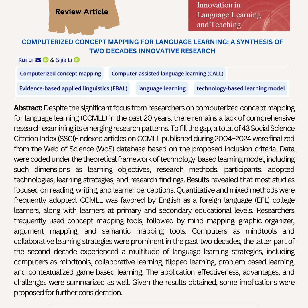 Computerized concept mapping for language learning: a synthesis of two decades innovative research
tandfonline.com/doi/full/10.10…