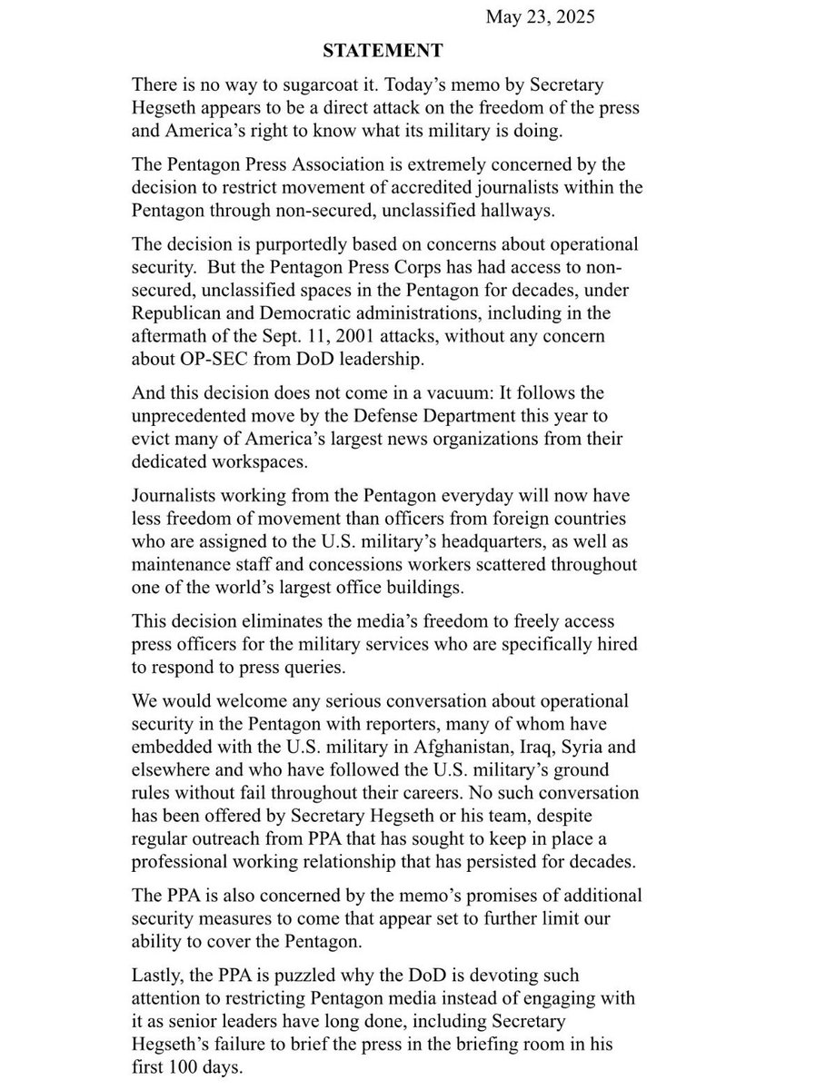 sentdefender's tweet image. The Pentagon Press Association has just released a scathing statement against today’s updated physical control measures imposed on reporters covering the Pentagon by Secretary of Defense Pete Hegseth:

“There is no way to sugarcoat it. Today’s memo by Secretary Hegseth appears to…