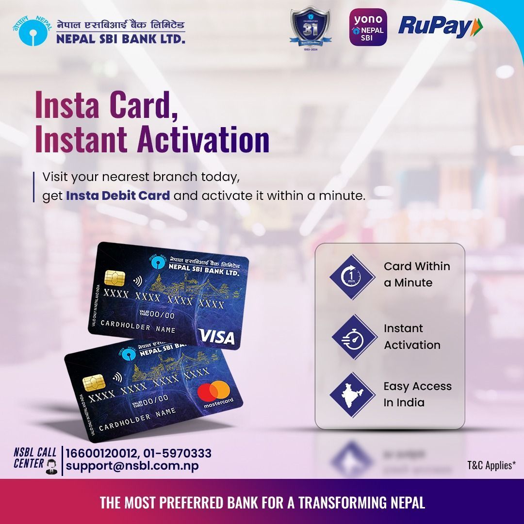 NepalSBIBank's tweet photo. Visit your nearest branch today, get Insta Debit Card and activate it within a minute.
#NepalSBI #NSBL #instacard https://t.co/aqnGUHGnqZ