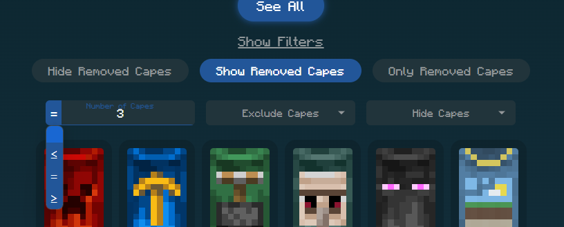 Brand new filters for searching Minecraft accounts by cape count: equal to, greater than or equal to, and less than or equal to a specified amount