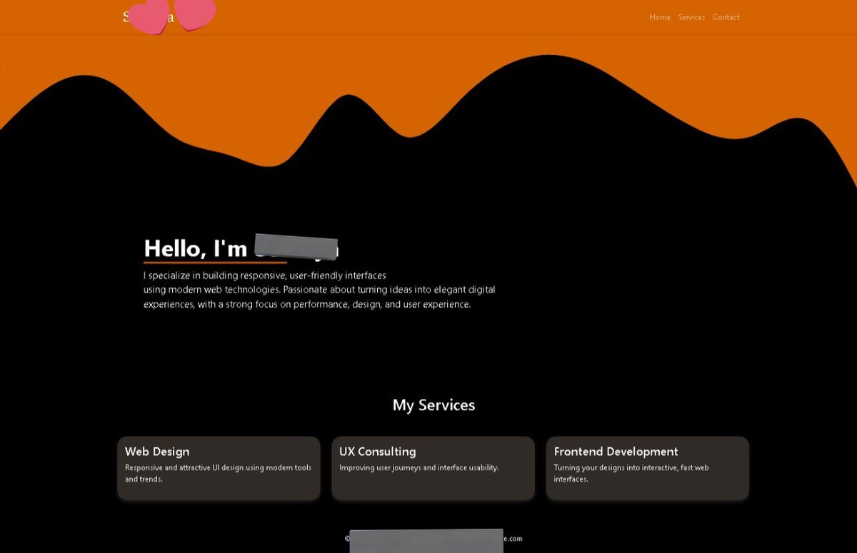 سهرانه اسوي موقعي المبدئي 💘 + ال Services افكر اطيرها واحط بدالها معرض الاعمال بدال ما يكون تحتها وبضيف فوقه سكشن بسيط يعرض المهارات، وعندي سواد الخلفية مب عاجبني لازم له حل💀

 ببالي شكله الكامل لكن كيف بضبطه؟ هذا ما سنكتشفه بعد شهر او شهرين من السحبات و bugs