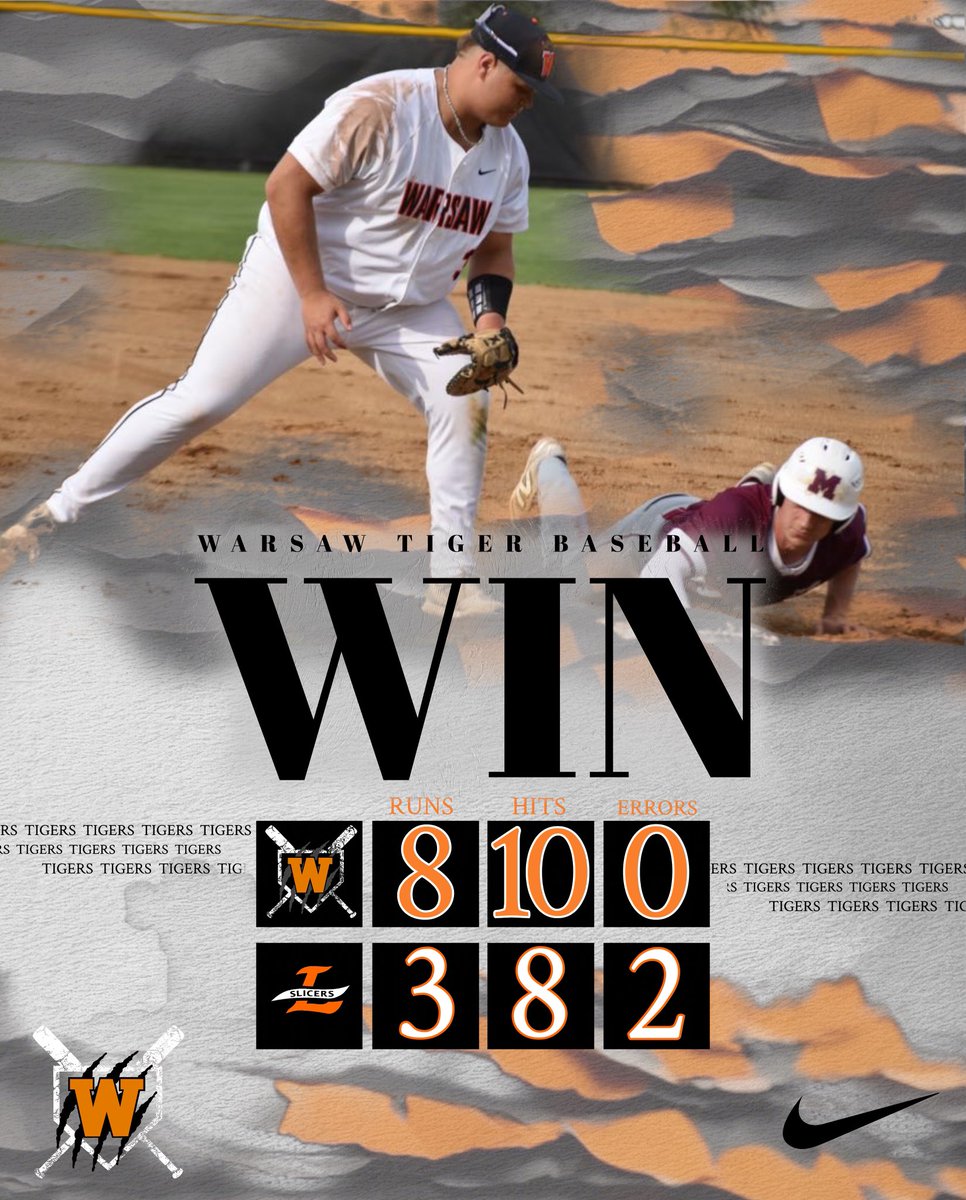 WarsawTigerBaseball (@baseball_warsaw) on Twitter photo VARSITY WIN! Warsaw vs. Laporte
The Tigers take the WIN over the Laporte Slicers 8-3 in the 8th Inning, scoring 5 runs in the final three outs for Warsaw. GREAT WIN TIGERS! #Warsaw #Baseball #WarsawTigers VARSITY WIN! Warsaw vs. Laporte
The Tigers take the WIN over the Laporte Slicers 8-3 in the 8th Inning, scoring 5 runs in the final three outs for Warsaw. GREAT WIN TIGERS! #Warsaw #Baseball #WarsawTigers
