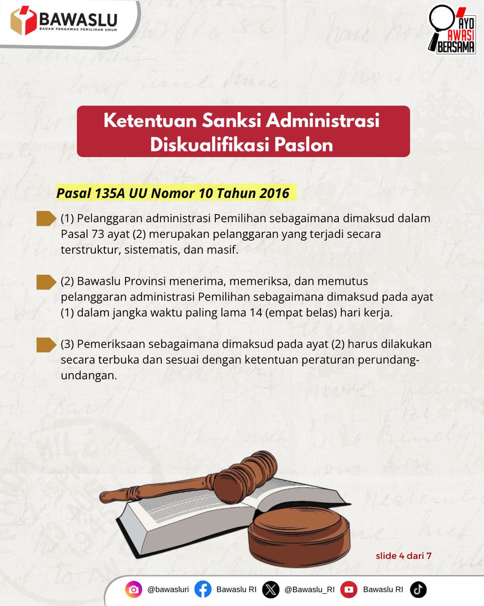 Sudah ada bukti nyata kasusnya, pemberi &amp; penerima politik uang pd pilkada dipidana penjara &amp; denda. Jangan sampai #SahabatBawaslu menyusul mereka‼️
Tolak politik uang, apa pun bentuknya. Tolak suapnya, laporkan orangnya‼️🔥

#TolakPolitikUang
#AyoAwasiBersama
#PSUPilkada2024