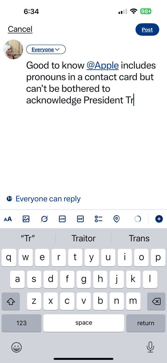 CS_Prevails's tweet image. Good to know @Apple includes pronouns in a contact card but can’t be bothered to acknowledge President Trump in predictive text. Wow! “Traitor”? “Trans”? Apple sucks.