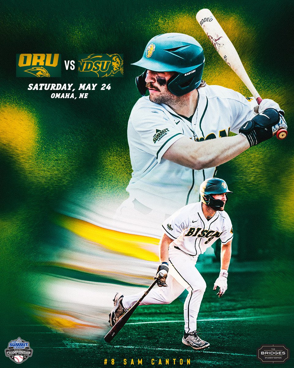 NDSUbaseball's tweet image. Championship Saturday. Let's Go.

🆚: Oral Roberts
⏰: 1:00 PM CT
📍: Omaha, NE
🏟️: Tal Anderson Field
🎟️: Ticketmaster (gobison.info/3GZurEE)
💻: @TheSummitLeague Network (gobison.info/SLN2425)
📈: gobison.info/3E6EqHh
🏆: gobison.info/4msHcIk