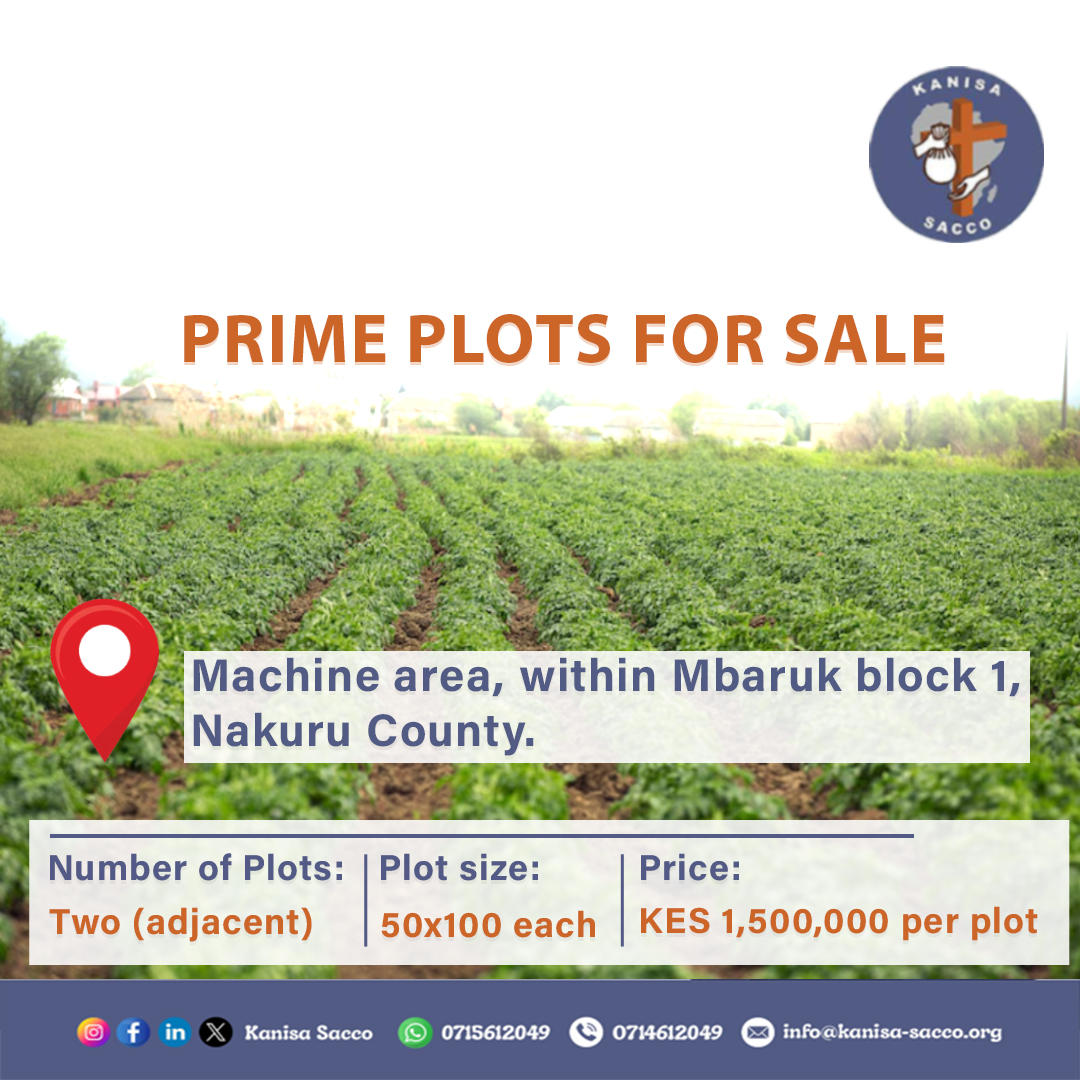 Looking for land in a fast-growing area? Two adjacent plots, perfect for residential or commercial use are available in Machine area, Mbaruk Block 1, Nakuru County!  
Price: KES 1.5M per plot. Email info@kanisa-sacco.org for details. #invest #ownit #PropertyInvestment