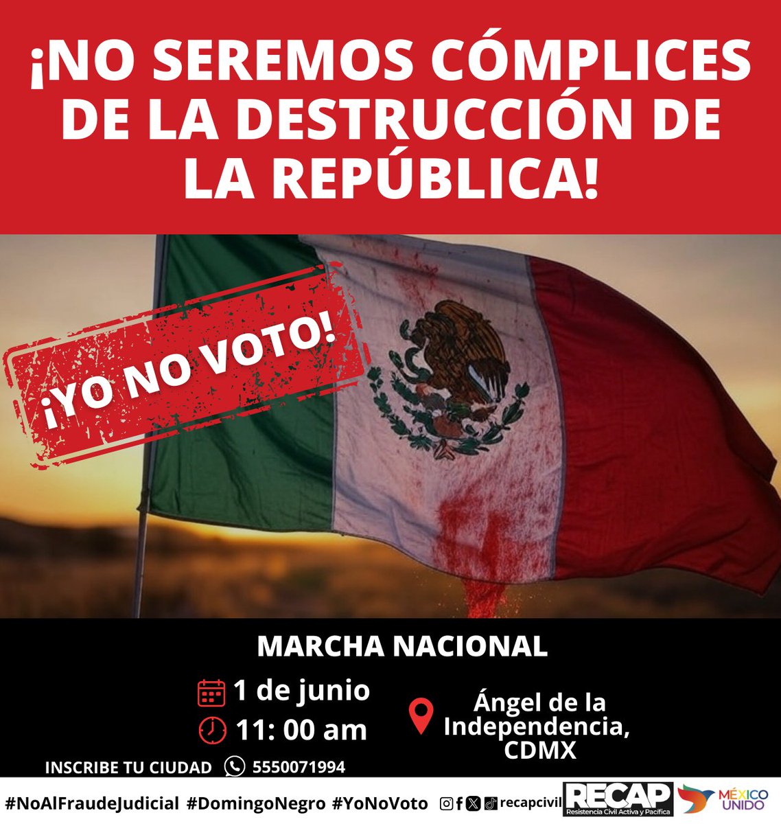 DeniseMeadeG's tweet photo. Este 1 de junio, nuestra voz es más fuerte que sus urnas fraudulentas. ¡A la calle contra la farsa electoral! #YoNoVoto #NoAlFraudeJudicial #DomingoNegro #ResistenciaMx #ResistenciaCivilMX https://t.co/jjXo3F8Tye