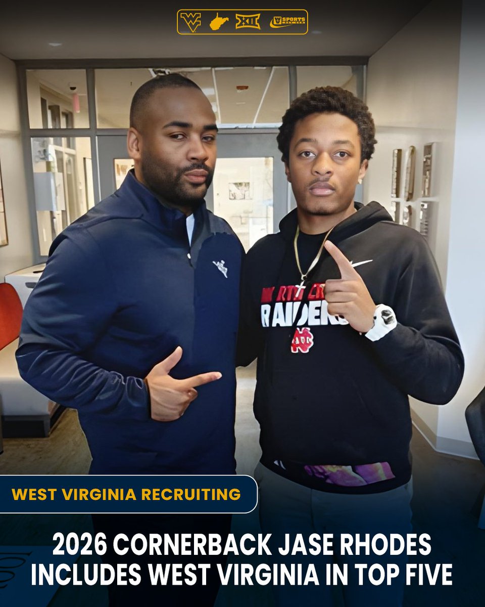 WVSportsDotCom's tweet photo. 2026 CB Jase Rhodes names #WVU a top-five school. See who else made the cut. #HailWV

Update ▶️ https://t.co/oNt2I5vVL4 https://t.co/wGbIXTARuU