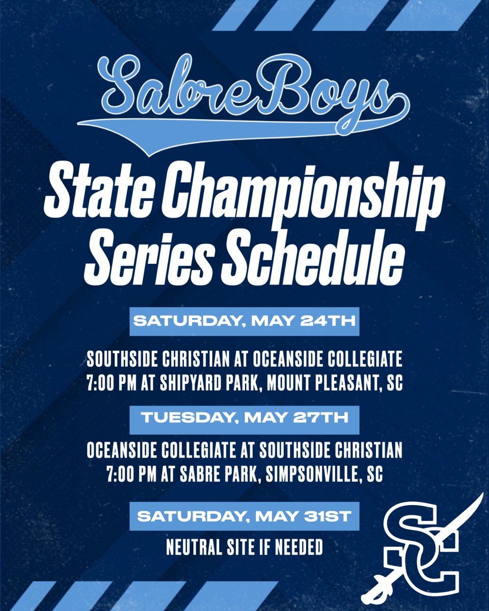 The 3A Baseball State Championship series begins tomorrow in Mount Pleasant.  

Game 1:
📅 May 24th
⏰ 7:00 PM
🏟️ Shipyard Park
📍 2383 SC-41, Mt Pleasant, SC 29466

Game 2:
📅 May 27th
⏰ 7:00 pm
🏟️ Sabre Park
📍 2211 Woodruff Rd, Simpsonville, SC 29681

Game 3:
📅 May 31st
