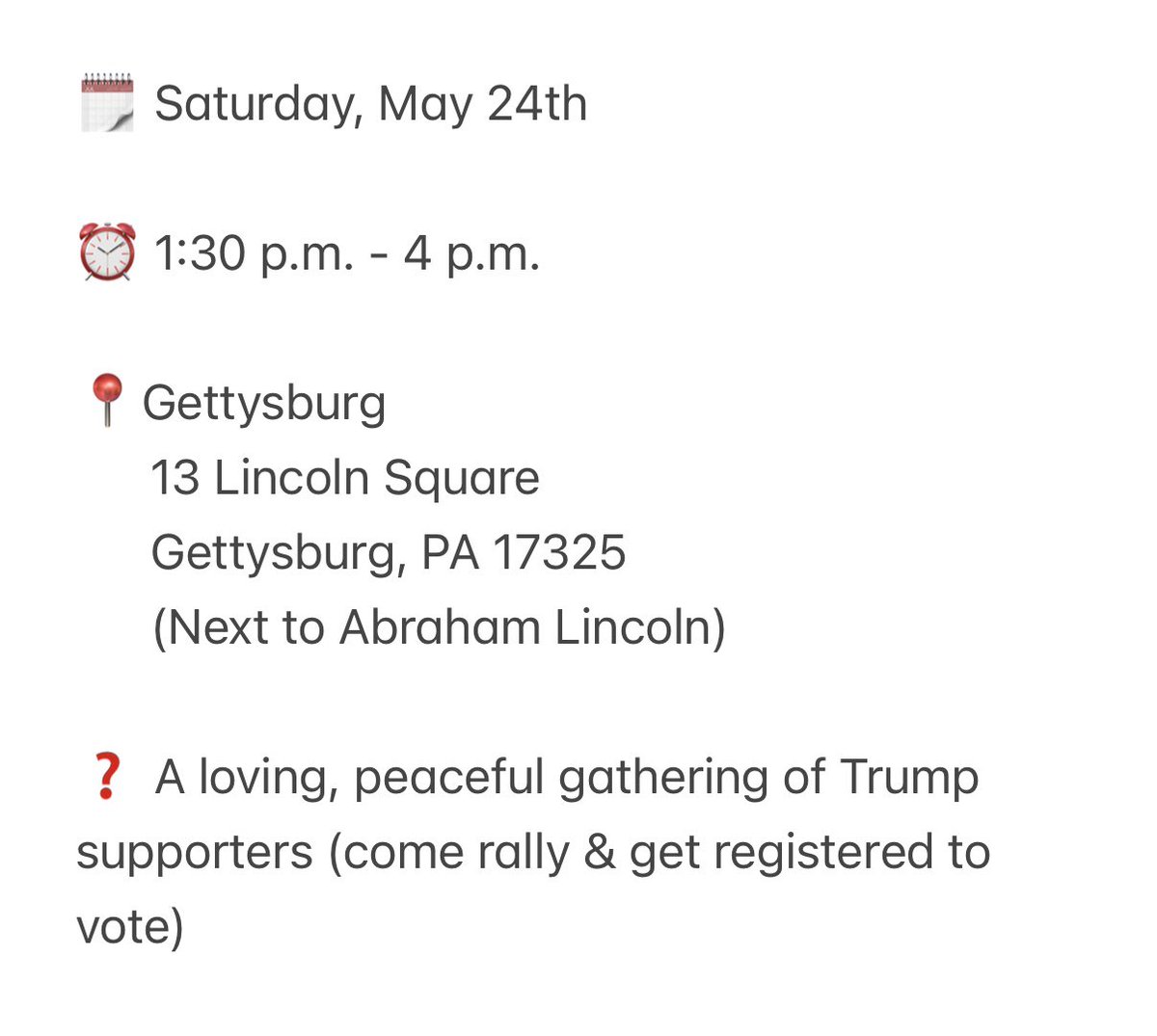 ‼️GETTYSBURG‼️

Every week, democrats protest in Gettysburg, PA. I’ve heard they haven’t been the nicest. So, we are going to have a voter registration table at the same location to show the difference between Republicans &amp; democrats.

See you TOMORROW! 

🗓️Saturday, May 24th