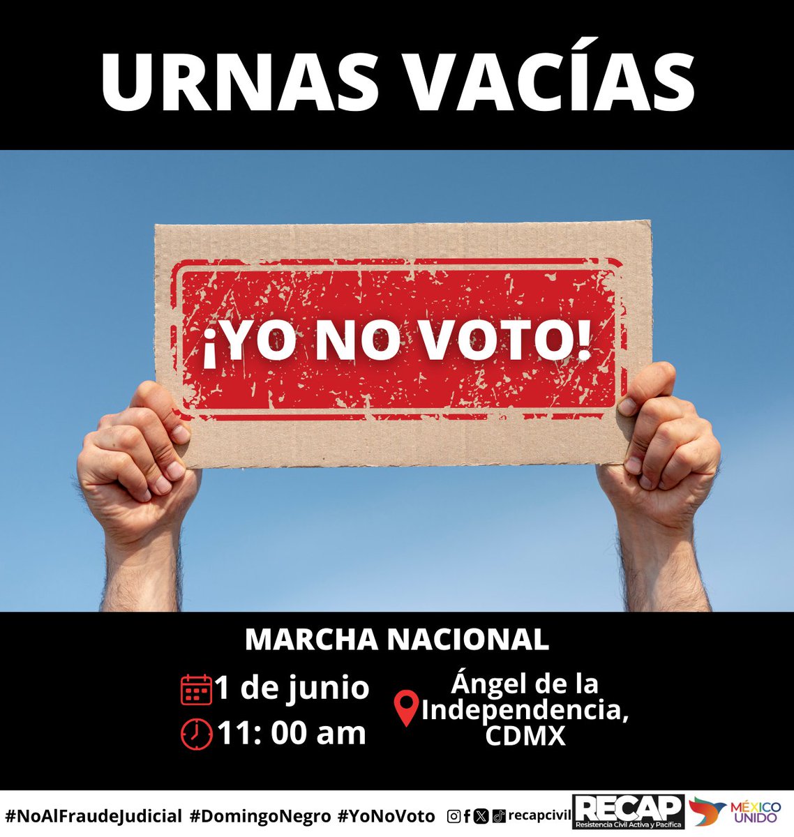 No permitiremos que sigan destruyendo nuestra República. El 1 de junio, ¡todos a marchar! #YoNoVoto #NoAlFraudeJudicial #DomingoNegro #ResistenciaMx #ResistenciaCivilMX