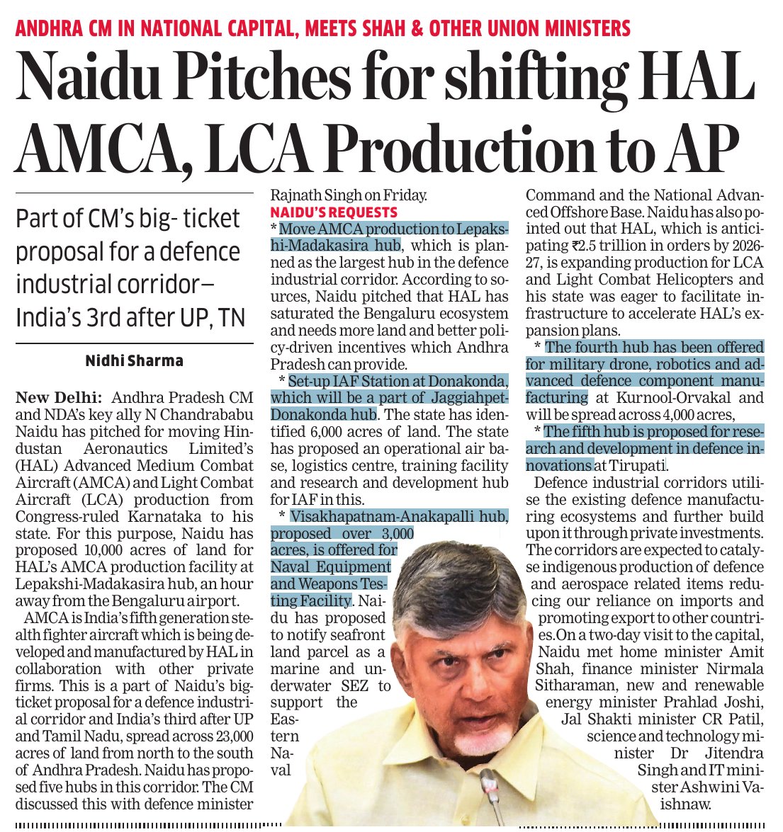 nidhi_sharma's tweet photo. Andhra Pradesh chief minister @ncbn pitches for defence industrial corridor -- India's third after UP and Tamil Nadu. Naidu seeks moving AMCA and LCA production to AP. Read exclusive details in @ETPolitics on 5 proposed hubs across 23,000 acres in AP
https://t.co/NhHfDU8tLl
#AndhraPradesh 
#andhra