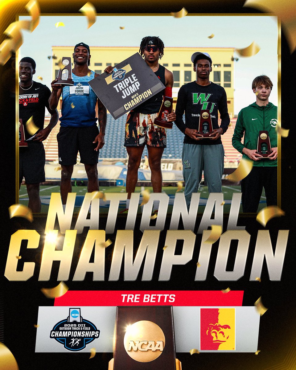 NCAA Division II (@ncaadii) on Twitter photo 1, 2, 3, Betts with the Natty 🏆
Tre Betts of <a href="/GorillasTrack/">Pitt State Track & Field</a> is the DII Outdoor Men’s Triple Jump National Champion!
#D2MOTF | #MakeItYours 1, 2, 3, Betts with the Natty 🏆
Tre Betts of <a href="/GorillasTrack/">Pitt State Track & Field</a> is the DII Outdoor Men’s Triple Jump National Champion!
#D2MOTF | #MakeItYours