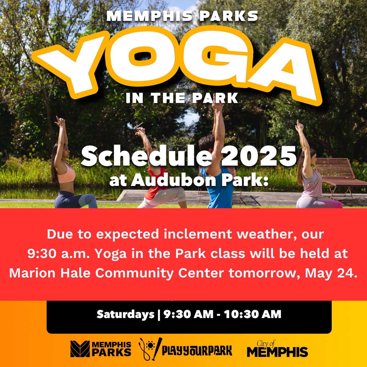 UPDATE: Due to expected inclement weather, our 9:30 a.m. Yoga in the Park class will be held at Marion Hale Community Center tomorrow, May 24. All skill levels are welcome. Be sure to bring a yoga mat. 

Marion Hale Community Center-4791 Willow Rd.