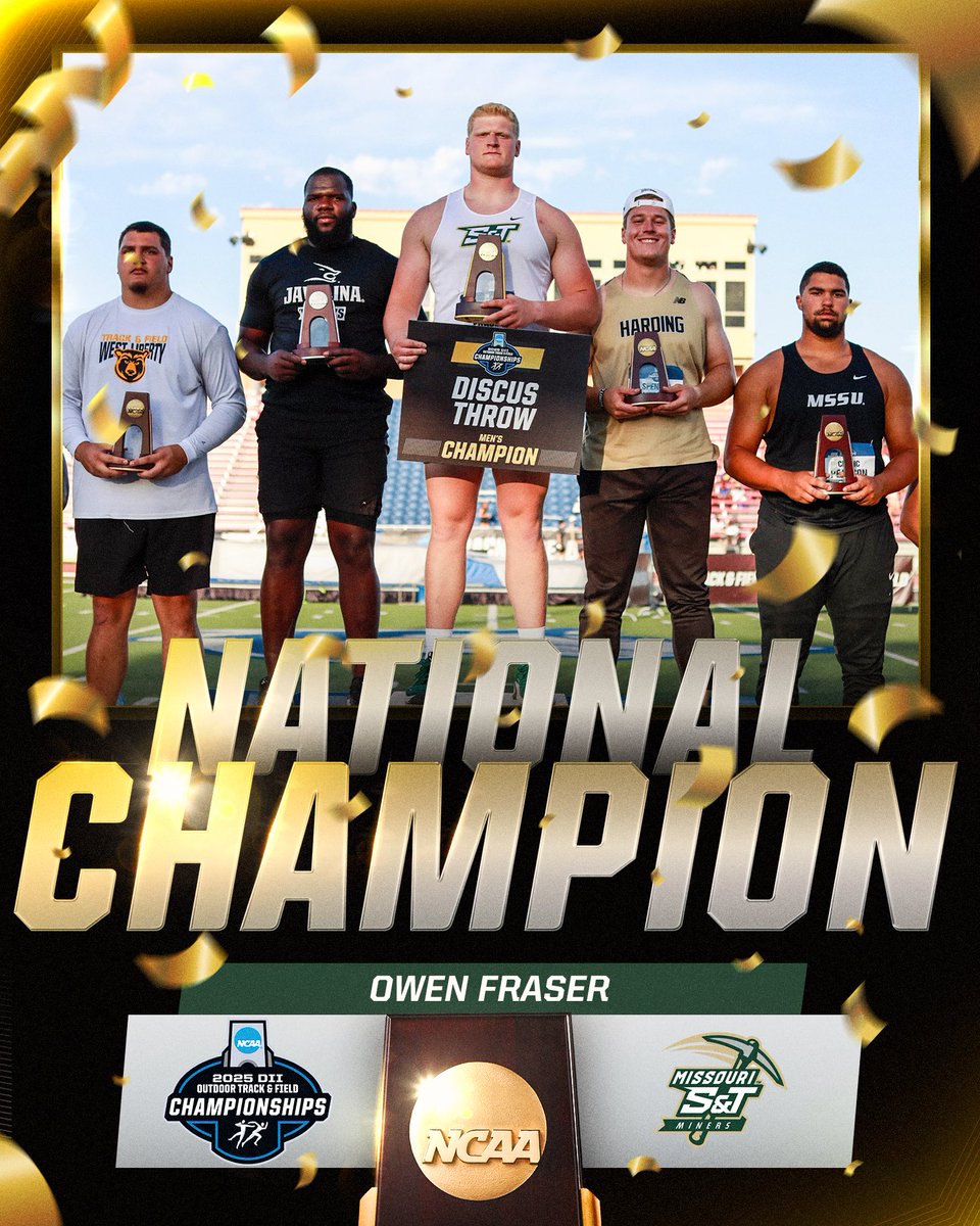 NCAA Division II (@ncaadii) on Twitter photo 💪💪
Owen Fraser of <a href="/Miners_XCTF/">S&T Cross Country and Track & Field</a> is the DII Outdoor Men’s Discuss Throw National Champion!
#D2MOTF | #MakeItYours 💪💪
Owen Fraser of <a href="/Miners_XCTF/">S&T Cross Country and Track & Field</a> is the DII Outdoor Men’s Discuss Throw National Champion!
#D2MOTF | #MakeItYours