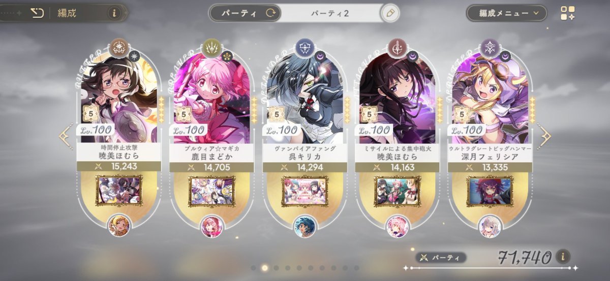 オートでPT組んだら7万超えてた('ﾛ' )
てかまだ上げれるなw
あんまり意味もないし強さの指標にもならないとは思うけど嬉しい！！！
引き続きよろしくお願いします🙇‍♀️
 #まどドラ