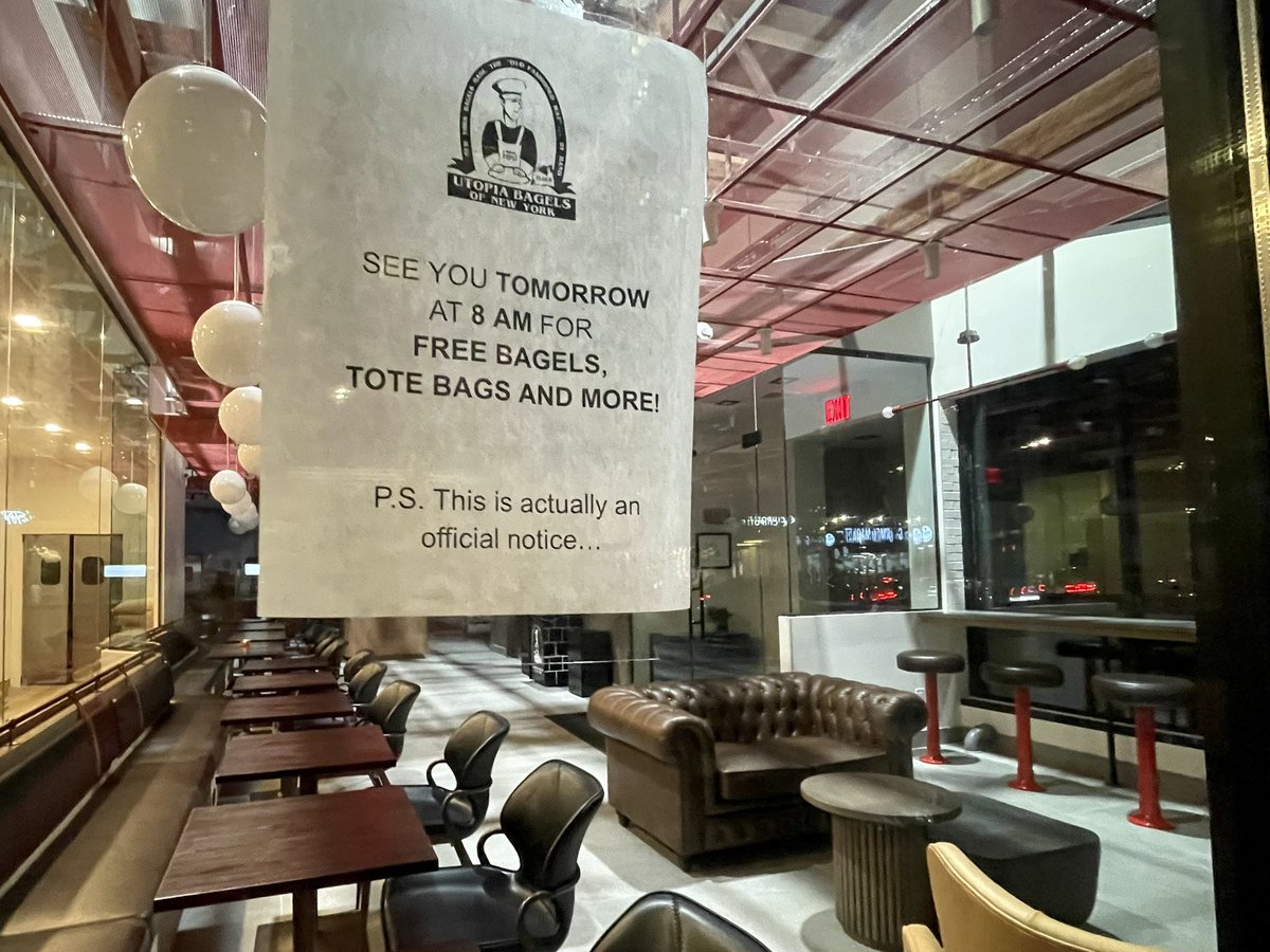 ChrisAdeler's tweet photo. Heads up New Yorkers, tomorrow the BEST BAGELS will be FREE! Only at this location, I just happened to walk by and saw.  #freebagels #utopiabagels #bagels #bagelshop #nycbagels #nyc https://t.co/MwkpHiyZtw