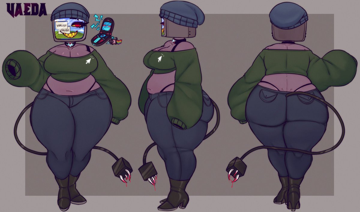 VaedaVT's tweet photo. Character Introduction ♡
Name: Vaeda Vendetta 
Age: Late 20s
Sex: Cis Woman
Species: Computer Monitor Object Head Demon
Description: A short-stack greyish purple monitor demon woman, wearing a blue beanie, a dark green sweater with a computer mouse on her right breast- https://t.co/liyvQBBde5