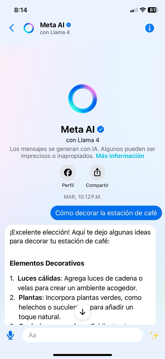 Hola!! Alguien sabe como funciona la ia en Facebook?
Entre a mi Messenger y veo esta pregunta, pero yo no la hice, entonces no sé si por error pude generar esa pregunta así como un bot cuando das click en una publicación o si alguien entro a mi cuenta? 🤔🤔