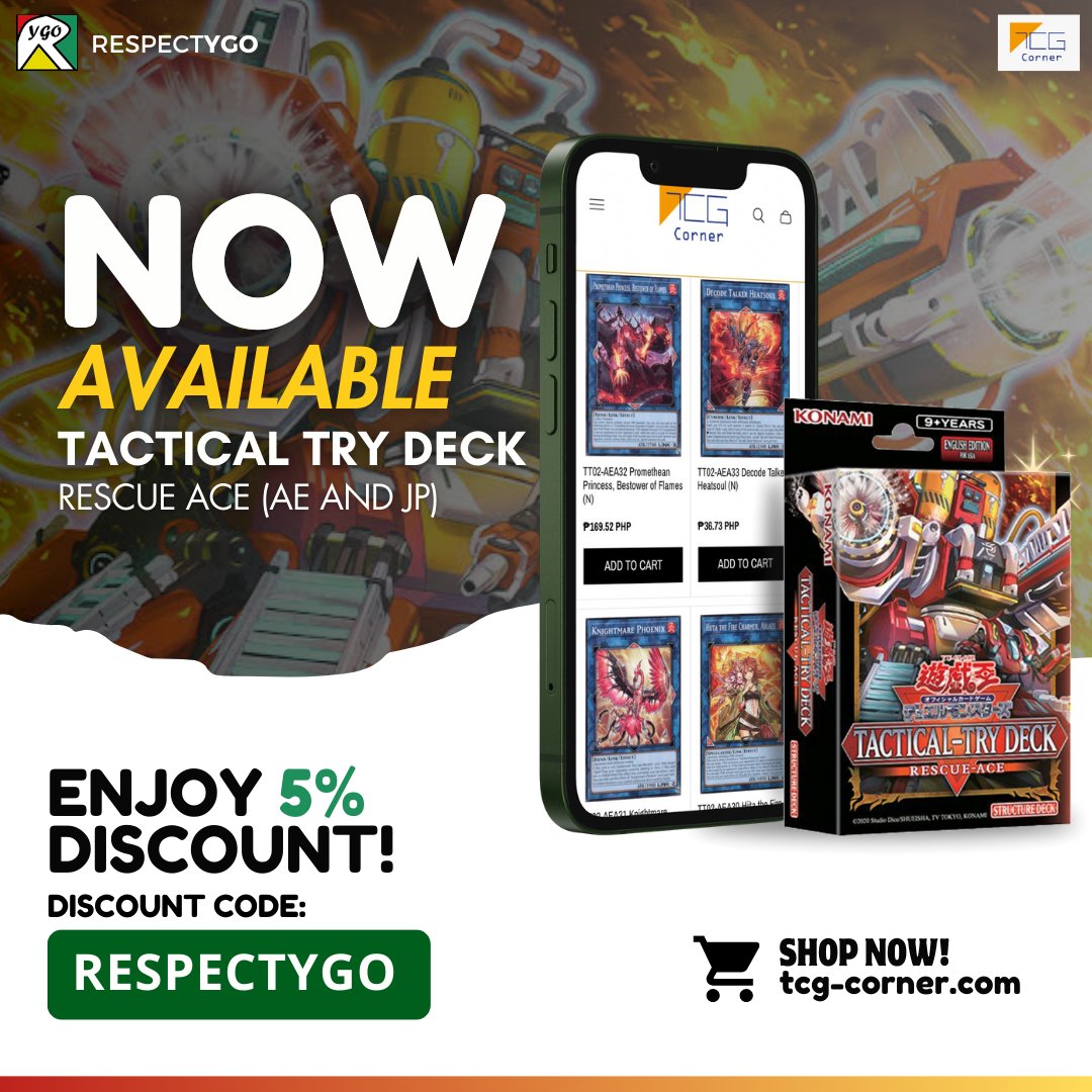 Respect_YGO's tweet photo. ‼️ Attention Duelists ‼️
TACTICAL TRY DECK Rescue - ACE (Asian English and Japanese) Singles and Boxes are now on sale at @tcgcornerglobal ‼️✨
👉Use our exclusive code: RESPECTYGO
5% off every order
#Ygo #rescueace #TacticalTry #tcgcornerglobal https://t.co/dYqJRlRApv