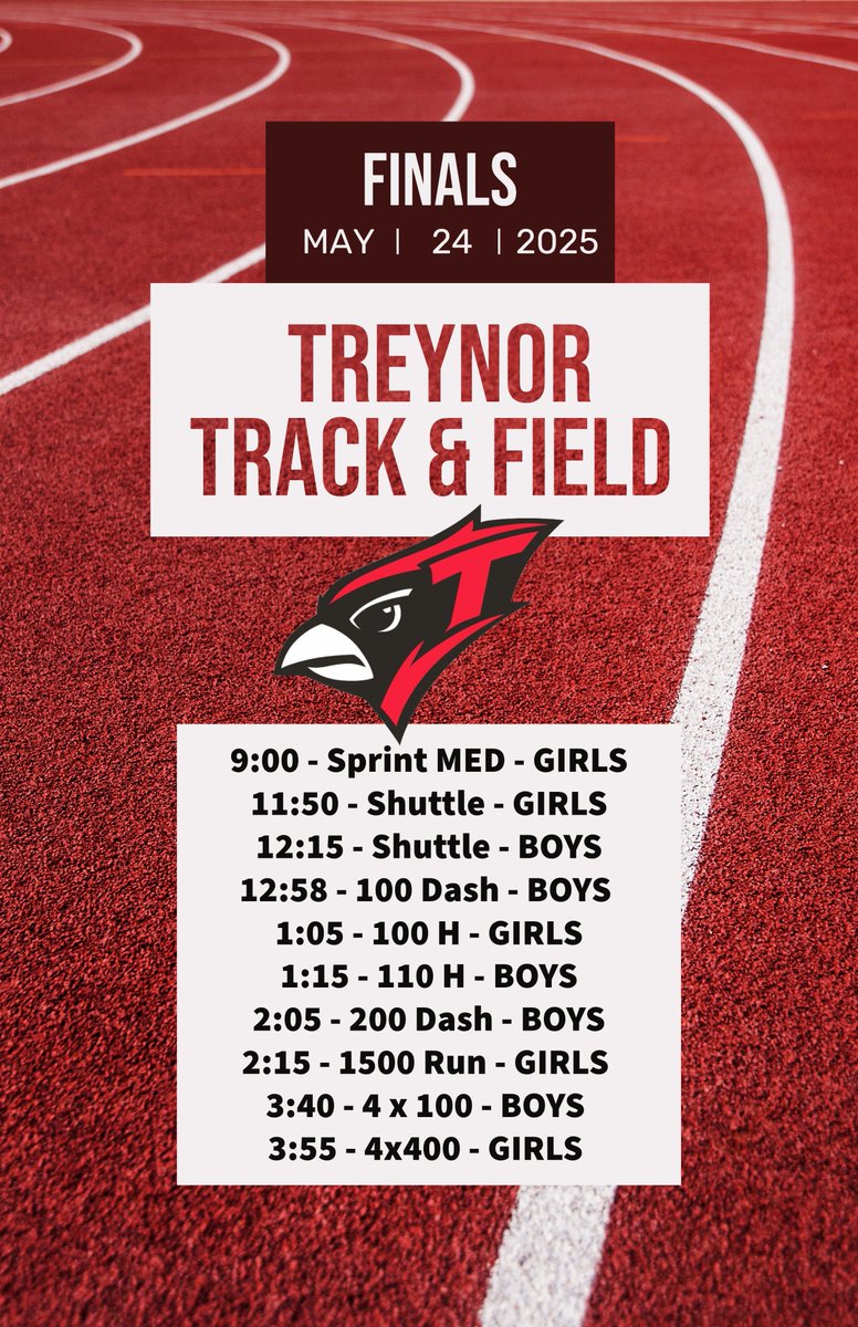 Treynor Nation (@treynornation) on Twitter photo Treynor Nationโit's go time! ๐ดโช๏ธ
10 events to watch our Cardinals soar at the State Track Meet!
๐บ Approximate times are listedโtune in and cheer loud for <a href="/TreynorTrack/">Treynor Boys Track</a> and <a href="/treynortfxc/">Treynor Girls TFXC</a>!
๐ฅ Watch live here: watch.ihssn.com/2025-iowa-highโฆ Treynor Nationโit's go time! ๐ดโช๏ธ
10 events to watch our Cardinals soar at the State Track Meet!
๐บ Approximate times are listedโtune in and cheer loud for <a href="/TreynorTrack/">Treynor Boys Track</a> and <a href="/treynortfxc/">Treynor Girls TFXC</a>!
๐ฅ Watch live here: watch.ihssn.com/2025-iowa-highโฆ