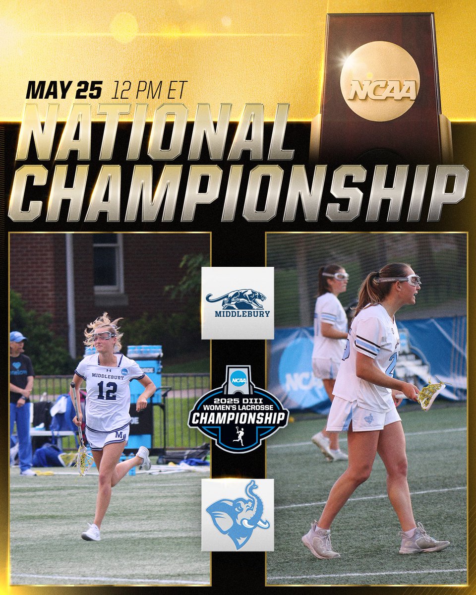 NCAA Division III (@ncaadiii) on Twitter photo THE FINAL TWO ‼️
<a href="/MiddAthletics/">Middlebury Athletics</a> and <a href="/TuftsJumbos/">Tufts Jumbos</a> compete on Sunday for the National Title!
#WhyD3 | #D3lax THE FINAL TWO ‼️
<a href="/MiddAthletics/">Middlebury Athletics</a> and <a href="/TuftsJumbos/">Tufts Jumbos</a> compete on Sunday for the National Title!
#WhyD3 | #D3lax