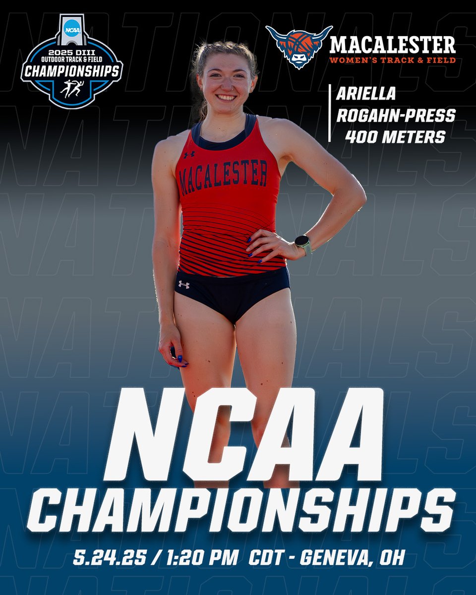 Macalester Athletics (@macalesterscots) on Twitter photo π΅πͺπ¨π¨ πͺπ―π¨π΄π·π°πΆπ΅πΊπ―π°π·πΊ! Women's Track & Field, Ariella Rogahn-Press is racing to the finals today at 1:20 PM CDT at the NCAA Division III Outdoor Track & Field Championships!
Let's give it all we got Scots!π₯ @macalestertf
#heymac #goscots #ncaachampionships π΅πͺπ¨π¨ πͺπ―π¨π΄π·π°πΆπ΅πΊπ―π°π·πΊ! Women's Track & Field, Ariella Rogahn-Press is racing to the finals today at 1:20 PM CDT at the NCAA Division III Outdoor Track & Field Championships!
Let's give it all we got Scots!π₯ @macalestertf
#heymac #goscots #ncaachampionships