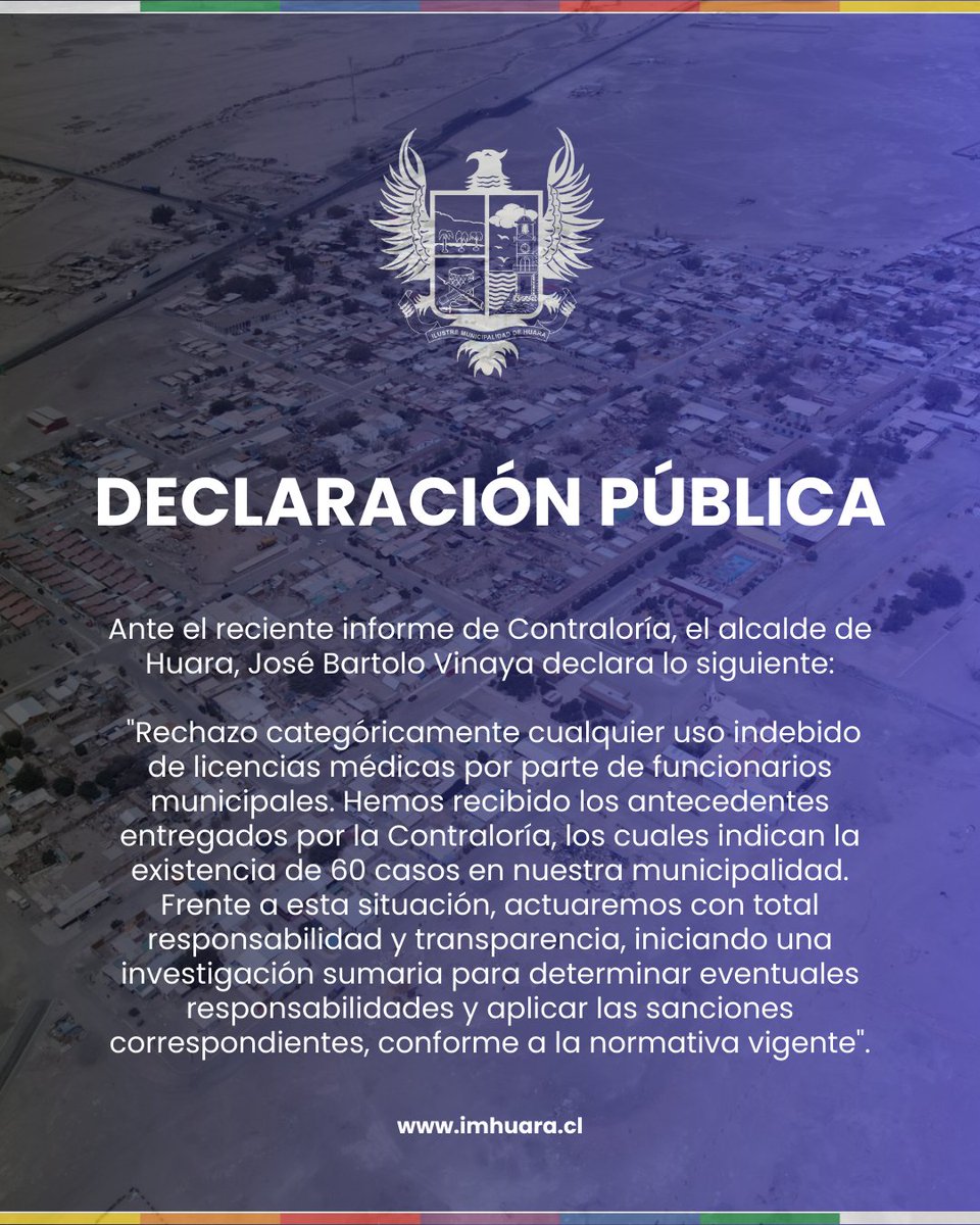 Ilustre Municipalidad de Huara (@im_huara) on Twitter photo Ante el reciente informe de la Contraloría sobre funcionarios que salieron del país estando con licencia médica, el alcalde de la <a href="/IM_HUARA/">Ilustre Municipalidad de Huara</a>, José Bartolo Vinaya declara lo siguiente:
#Iquique #Tamarugal Ante el reciente informe de la Contraloría sobre funcionarios que salieron del país estando con licencia médica, el alcalde de la <a href="/IM_HUARA/">Ilustre Municipalidad de Huara</a>, José Bartolo Vinaya declara lo siguiente:
#Iquique #Tamarugal