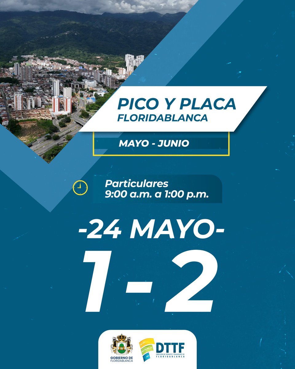 #PicoYPlacaMayo 
🗓️ Sábado 24 de mayo 
🚘Placas terminadas en 1 y 2
⏰ De 9:00 a.m. a 1:00 p.m.
🚨 La restricción será válida en toda la ciudad.
¡Conduzcamos con responsabilidad y respetemos las normas de tránsito! 
 #SeguridadVial