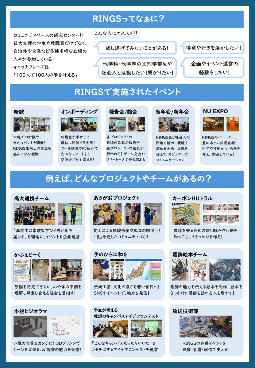doradora_lab's tweet photo. RINGSは、センター生を常時募集中！

気になる方は、ぜひイベントに参加してみたり、DMで気軽に質問してみたりしてください！

⏬RINGSの詳細はチラシをチェック！⏬
※中庭新歓で配布していたチラシです https://t.co/ORzUfETjPB