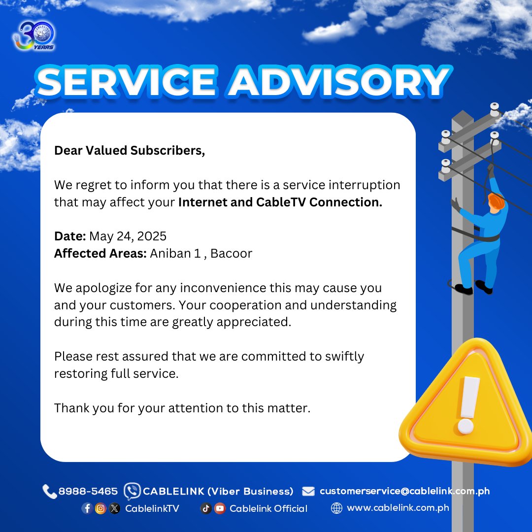 Dear Valued Subscribers,

We regret to inform you that there is a service interruption that may affect your Internet and CableTV Connection.