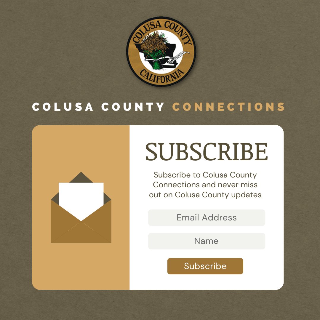 SUBSCRIBE TODAY: Colusa County Connections ✉️

The Colusa County Connections newsletter is designed to provide Colusa County residents with a snapshot of recent Colusa County information and events, and to share updates on things happening within the Colusa County government 📰
