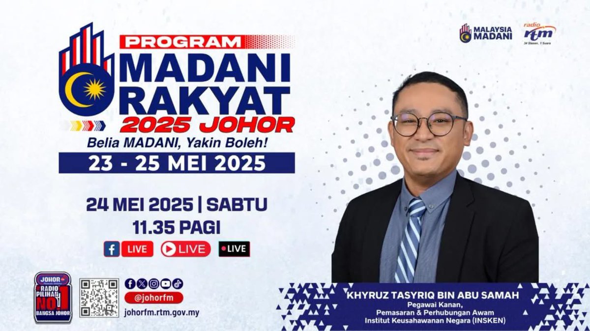 Dengarkan temu bual secara langsung di saluran Johor Fm, RTM bersama Encik Khyruz Tasriq bin Abu Samah, Pegawai  Pemasaran dan Perhubungan Awam, INSKEN dengan topik “Program Latihan Keusahawan Belia” Sempena PMR 2025 Negeri Johor pada 24  Mei 2025 (Sabtu), jam 11.35 pagi