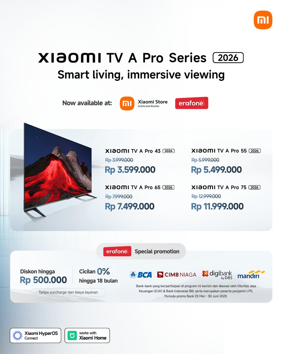 Buat kalian yang udah nanya dari kemarin-kemarin nih!

Xiaomi TV A Pro Series 2026 sudah bisa kalian dapatkan di kanal penjualan offline mulai hari ini! 
Langsung aja datang ke official Xiaomi Store atau gerai Erafone terdekat. 

Buruan, lagi banyak promo menarik yang bisa kalian