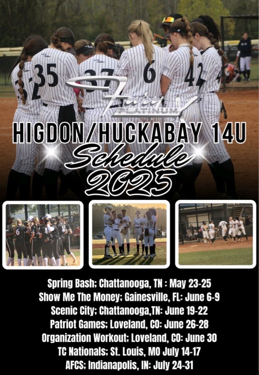 So excited to be back on the field with our great group of girls. This is our summer schedule for Fury Platinum X Higdon/ Huckabay 14u.

<a href="/ExtraInningSB/">EXTRA INNING SOFTBALL</a> <a href="/PrepSoftball/">Prep Softball 🥎</a>
<a href="/LegacyLegendsS1/">Legacy & Legends Softball</a>
<a href="/TopPreps/">TOP PREPS - Free Sports News, Videos & Information</a>
<a href="/ondecksoftball/">OnDeck Softball 🥎</a> 
<a href="/SportPrepX/">SportPrepX</a>
<a href="/D1portal/">D1 Portal</a>
<a href="/LineDsoftball/">Line Drive Media</a>
@FPX14U