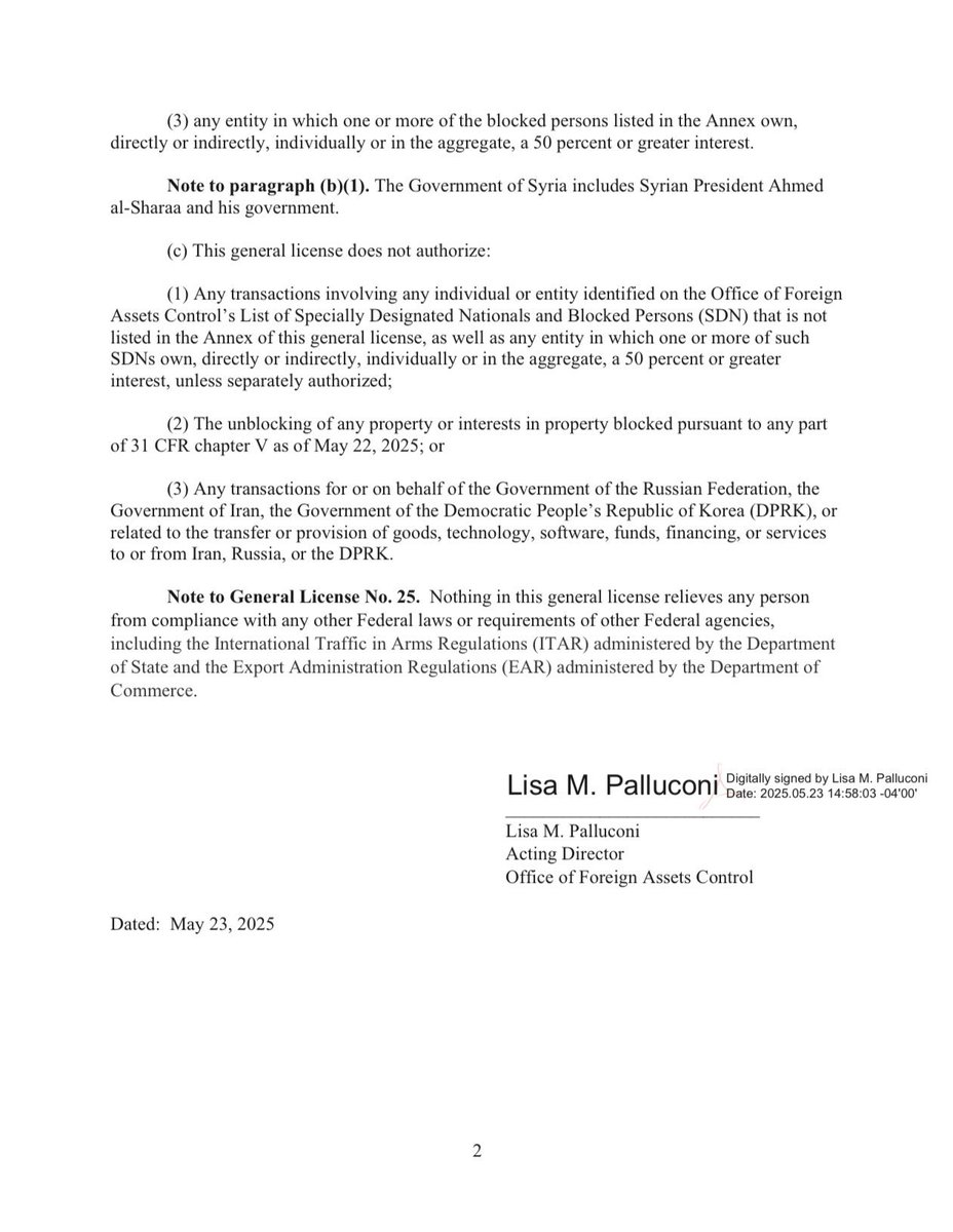 به این جنرال لایسنس اوفک خوب نگاه کنید، حتی بخش‌هایی از تحریم‌های ایران از سال ۱۹۹۶ هم که مربوط به شرکت‌های خارجی در همکاری با رژیم ج.ا. بوده هم امروز برای سوریه برداشته شد. با براندازی ج.ا. ما هم می‌توانیم کاملا قانونی و نسبتا سریع از تحریم‌های آمریکا و انزوای بین‌المللی خارج