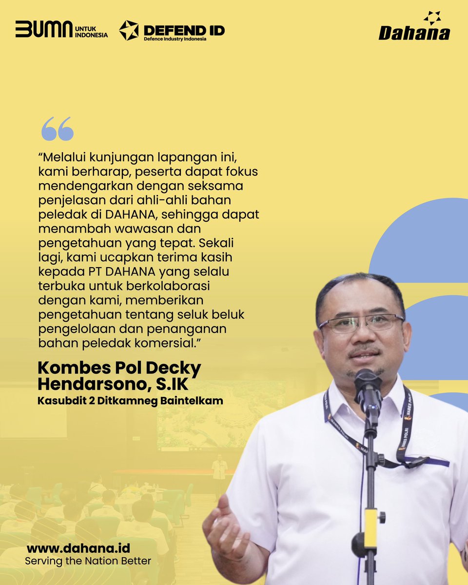 ptdahana's tweet image. Terima kasih atas kepercayaannya,
DAHANA siap terus berbagi pengetahuan dan solusi terbaik di bidang bahan peledak 🇮🇩.

#DAHANA #BaintelkamPolri #ExplosiveSolutions #SinergiUntukNegeri #KeamananDanKeselamatan #TotalExplosiveSolutions