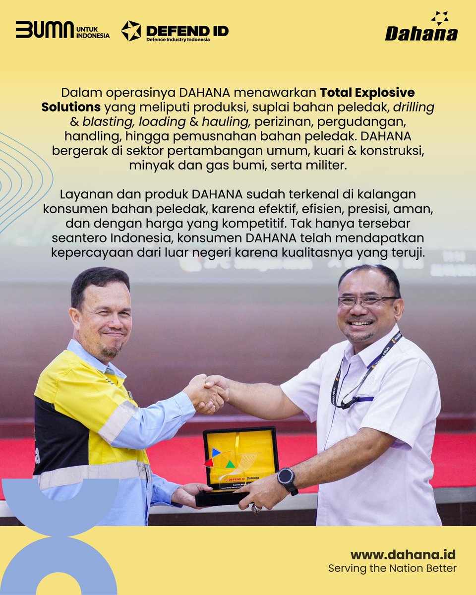 ptdahana's tweet image. Terima kasih atas kepercayaannya,
DAHANA siap terus berbagi pengetahuan dan solusi terbaik di bidang bahan peledak 🇮🇩.

#DAHANA #BaintelkamPolri #ExplosiveSolutions #SinergiUntukNegeri #KeamananDanKeselamatan #TotalExplosiveSolutions