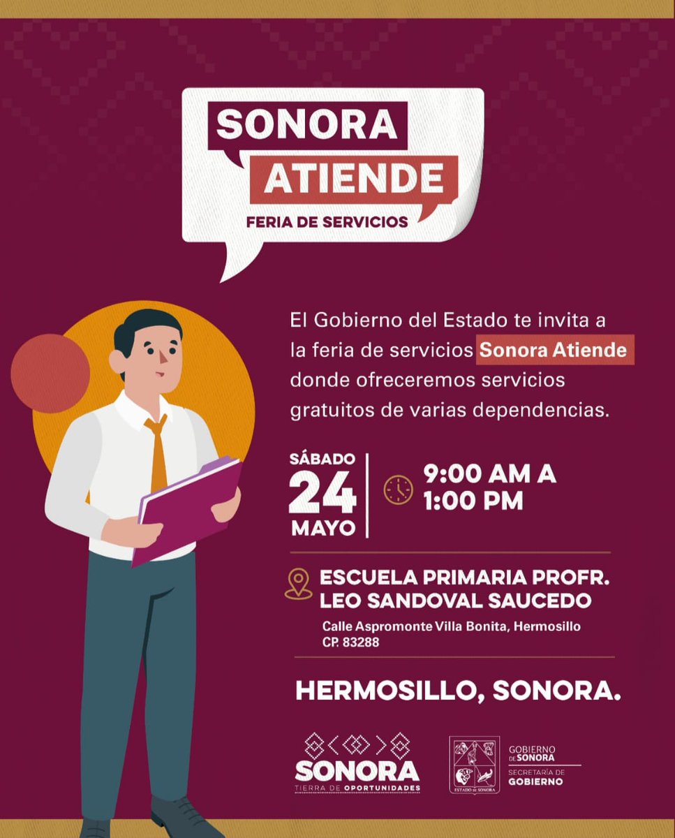 DNotarias's tweet photo. Mañana Sábado 24 de Mayo, como parte de Feria de los Servicios SONORA ATIENDE que ofrece Gobierno del Estado de Sonora, la Dirección General de Notarías estará brindando asesorías jurídicas gratuitas en el ámbito notarial a la población en general, ¡les esperamos! https://t.co/zfeakwxBpi