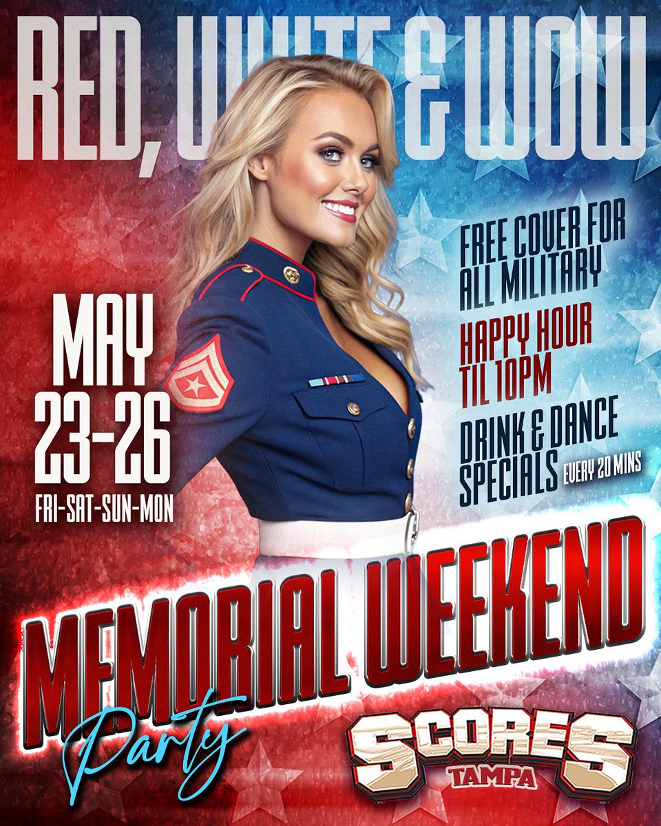 Red, White &amp; Wow! 
We’re turning up the heat &amp; honoring those who served w/ a celebration that’s pure fire. All weekend long:
 Happy Hour ‘til 10PM
 Drink &amp; Dance Specials Every 20 Minutes
 FREE COVER for Military (with valid ID)
 Non-stop entertainment 💃 Fine dining 🍽️ 
#Tampa