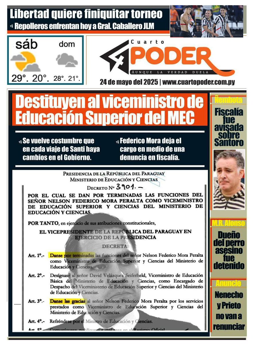 Cuarto Poder Py (@cuartopoder_py) on Twitter photo #Tapa4toPoder 24 de mayo de 2025
◾cuartopoder.com.py
<a href="/PresidenciaPy/">Presidencia Paraguay</a> <a href="/SantiPenap/">Santiago Peña</a> <a href="/AllianaPedro/">Pedro Alliana</a> <a href="/MECpy/">MECpy</a> <a href="/MinPublicoPy/">Fiscalía Paraguay</a> <a href="/policia_py/">Policía Nacional del Paraguay</a> <a href="/nenechopy/">Nenecho Rodríguez</a> <a href="/MiguelPrietoCDE/">Miguel Prieto Vallejos</a> <a href="/Libertad_Guma/">Club Libertad</a> #Tapa4toPoder 24 de mayo de 2025
◾cuartopoder.com.py
<a href="/PresidenciaPy/">Presidencia Paraguay</a> <a href="/SantiPenap/">Santiago Peña</a> <a href="/AllianaPedro/">Pedro Alliana</a> <a href="/MECpy/">MECpy</a> <a href="/MinPublicoPy/">Fiscalía Paraguay</a> <a href="/policia_py/">Policía Nacional del Paraguay</a> <a href="/nenechopy/">Nenecho Rodríguez</a> <a href="/MiguelPrietoCDE/">Miguel Prieto Vallejos</a> <a href="/Libertad_Guma/">Club Libertad</a>