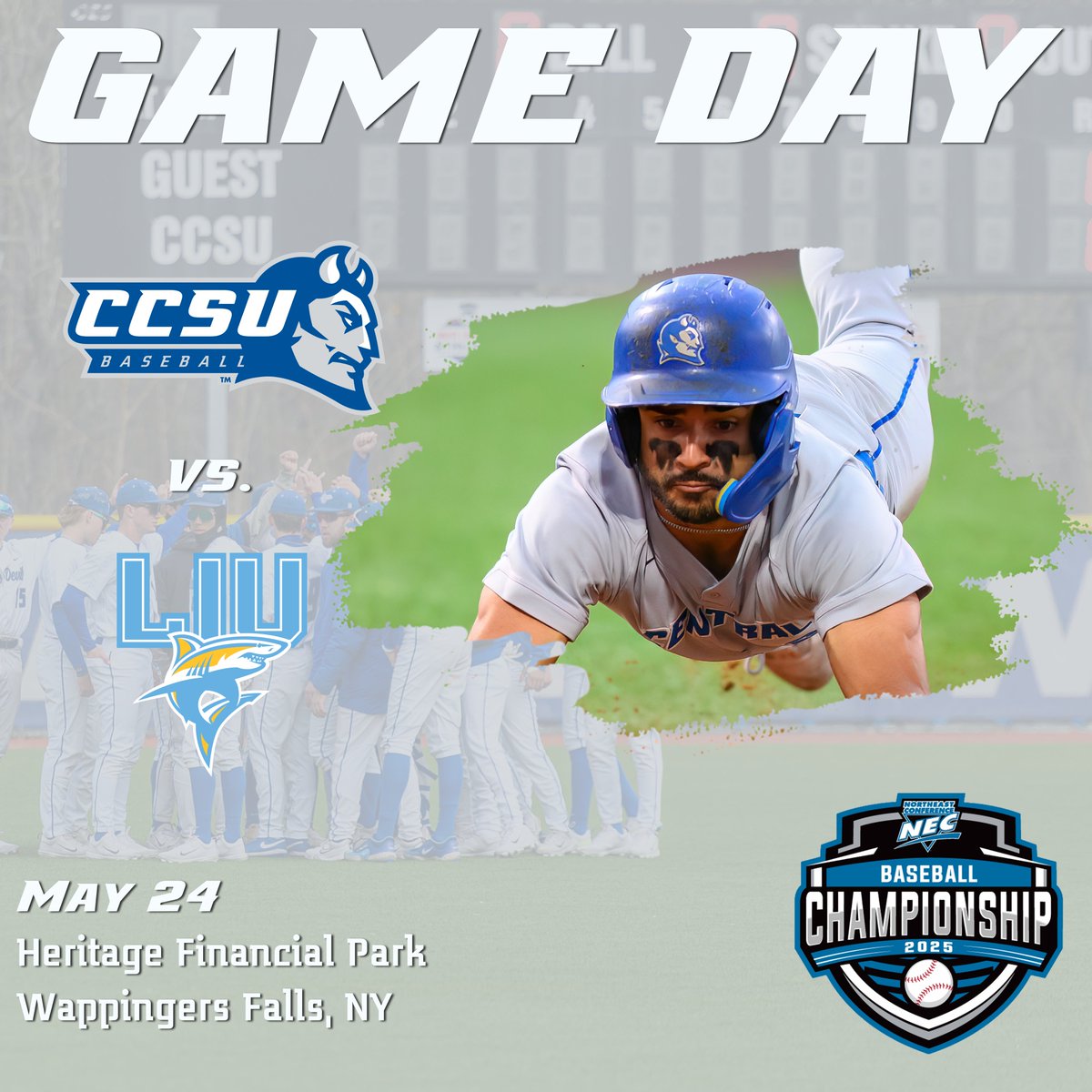 CCSU Blue Devils (@ccsubluedevils) on Twitter photo ⚾️ <a href="/ccsubaseball/">CCSU Baseball</a> GAMEDAY
* NORTHEAST CONFERENCE TOURNAMENT*
📆 Saturday, May 24
⏰ 3pm vs. LIU
📍 Heritage Financial Field | Wappingers Falls, NY
📺 ESPN+ (tinyurl.com/4zm2myb5)
📊 tinyurl.com/y44hpar9
#GoBlueDevils | #NECBaseball ⚾️ <a href="/ccsubaseball/">CCSU Baseball</a> GAMEDAY
* NORTHEAST CONFERENCE TOURNAMENT*
📆 Saturday, May 24
⏰ 3pm vs. LIU
📍 Heritage Financial Field | Wappingers Falls, NY
📺 ESPN+ (tinyurl.com/4zm2myb5)
📊 tinyurl.com/y44hpar9
#GoBlueDevils | #NECBaseball