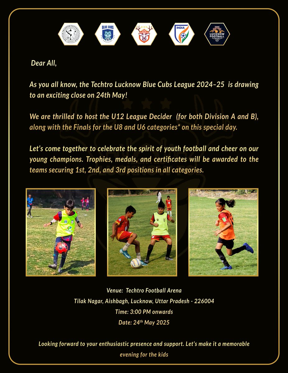 techtrolucknow's tweet image. It all comes down to this!
Join us this Sunday, 24th May at Techtro Football Arena,for the grand finale of the Blue Cubs League 2024-25! Catch the intense U-12 deciders, and the much-awaited finals of U-8 &amp;amp; U-6 as they battle it out one last time this season join closing ceremony