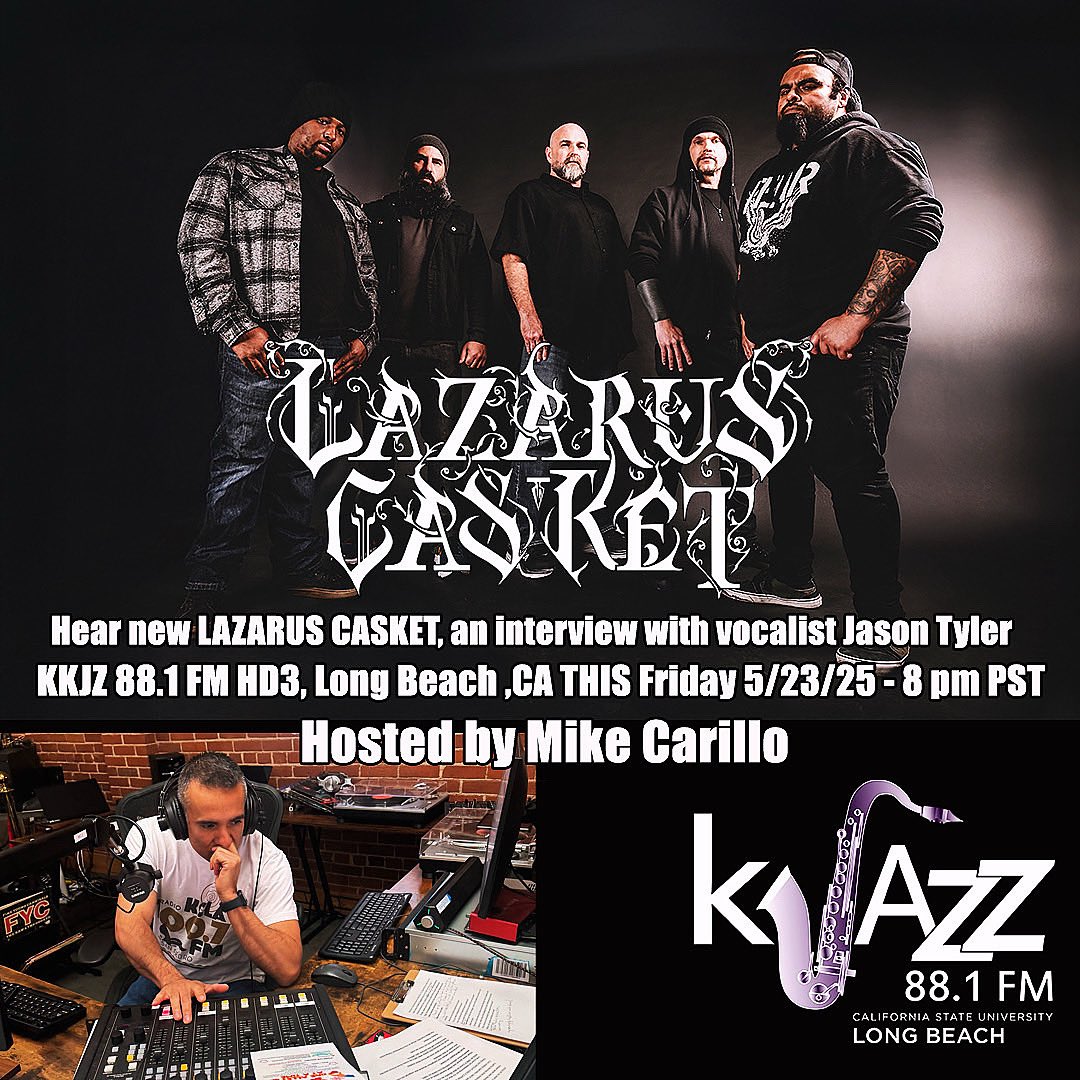 TONIGHT Friday evening 5/23/25 at 8 pm PST on KKJZ 88.1 FM HD3, Long Beach CA, hear new <a href="/lazaruscasket1/">Lazarus Casket</a> music off their upcoming album “Spiritual Warfare” and an in depth interview with vocalist Jason Tyler, hosted by Mike Carillo! LISTEN 🎧 HERE: kkjz.org/mobile