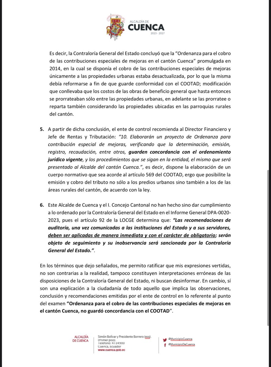 czamoramatute's tweet photo. Sobre el tema de @ContraloriaECU @XMauricioTorres y obras de beneficio general a todos los predios urbanos y rurales del cantón.  Informe DPA-0020-2023

📍Oficio en extenso!

Le solicito una reunión estimado Contralor para demostrar quién estuvo detrás de esa publicación del órgano que usted preside mal informando con fines políticos sin que su autoridad conozca