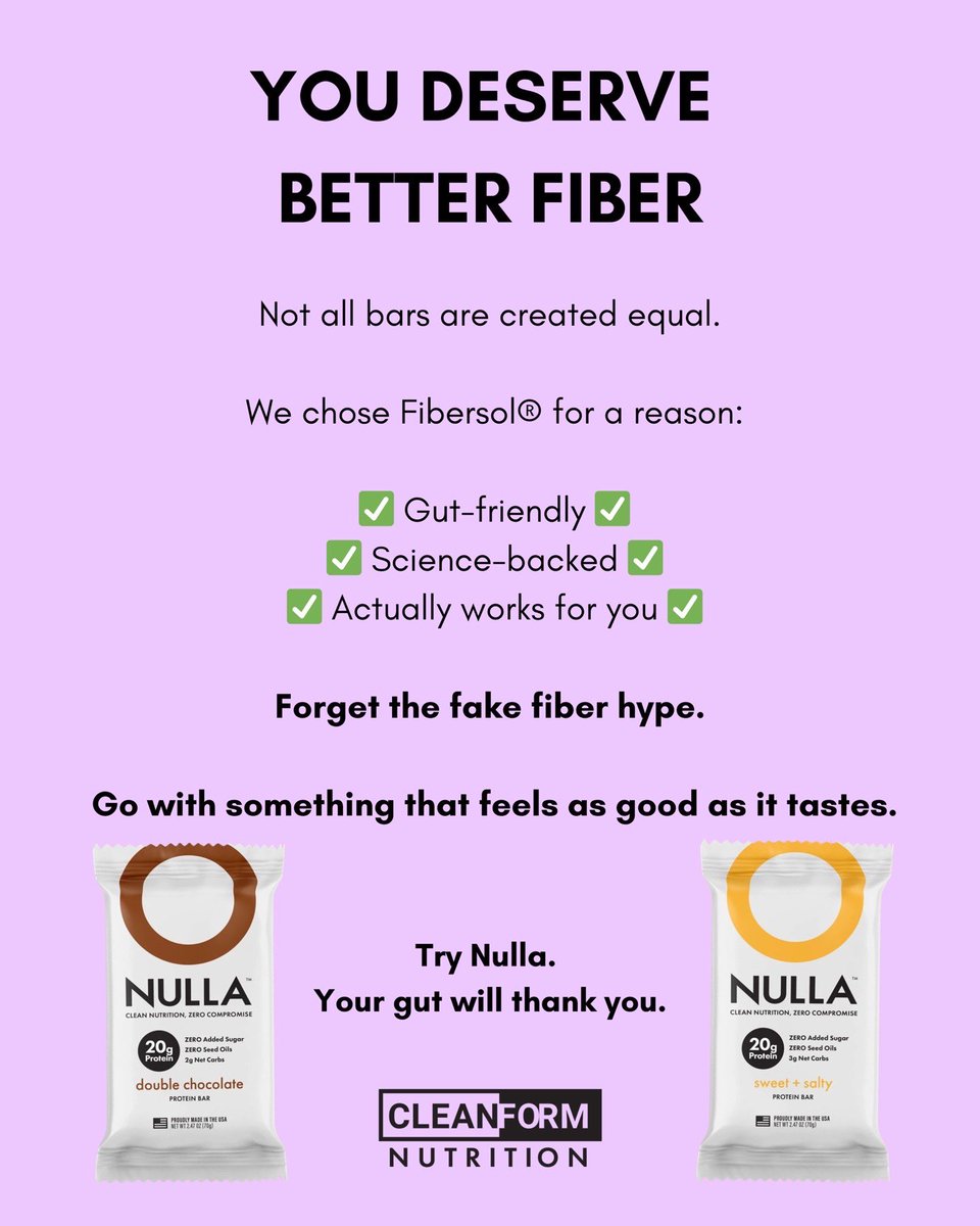 Most bars wreck your gut. We fixed that.

12g of fiber without the bloat, gas, or regret? That’s what makes Nulla different.

We skipped the cheap fillers (looking at you, chicory root and sugar alcohols) and chose Fibersol®, a science-backed, gut-friendly fiber that actually