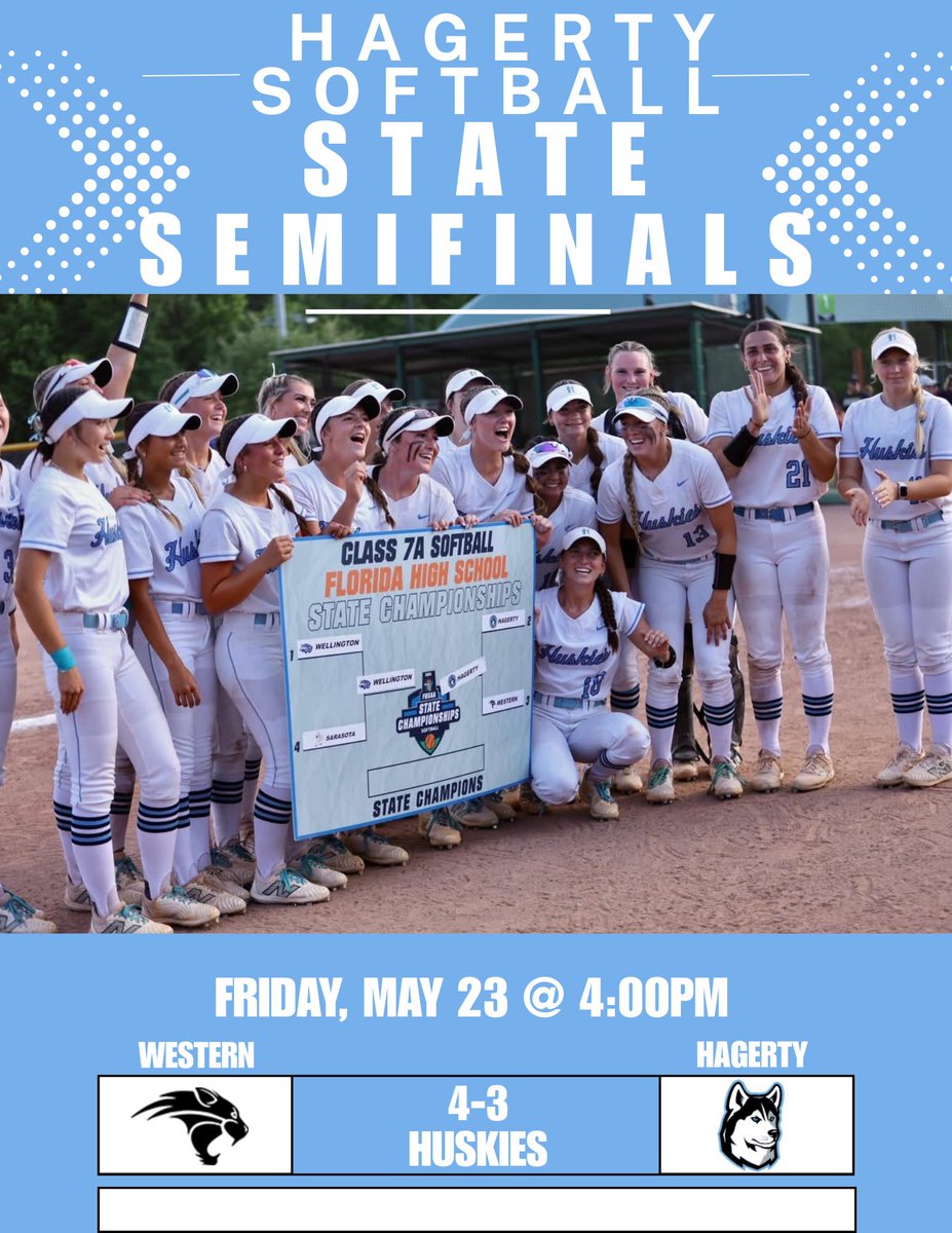 Hagerty Softball (@huskysoftball) on Twitter photo Hagerty Huskies are in the STATE FINALS after a clutch 4-3 win over Western! Way to go ladies! It’s another WHITE OUT, tomorrow at 5:00!! Let’s fill the stadium and bring it home! 🩵🥎🐾
2B- Nikki Thompson 2-3 1RBI, Alexis Felker 1-3 1RBI
CG- Ella Verne 7inn 2ER 8Ks Hagerty Huskies are in the STATE FINALS after a clutch 4-3 win over Western! Way to go ladies! It’s another WHITE OUT, tomorrow at 5:00!! Let’s fill the stadium and bring it home! 🩵🥎🐾
2B- Nikki Thompson 2-3 1RBI, Alexis Felker 1-3 1RBI
CG- Ella Verne 7inn 2ER 8Ks